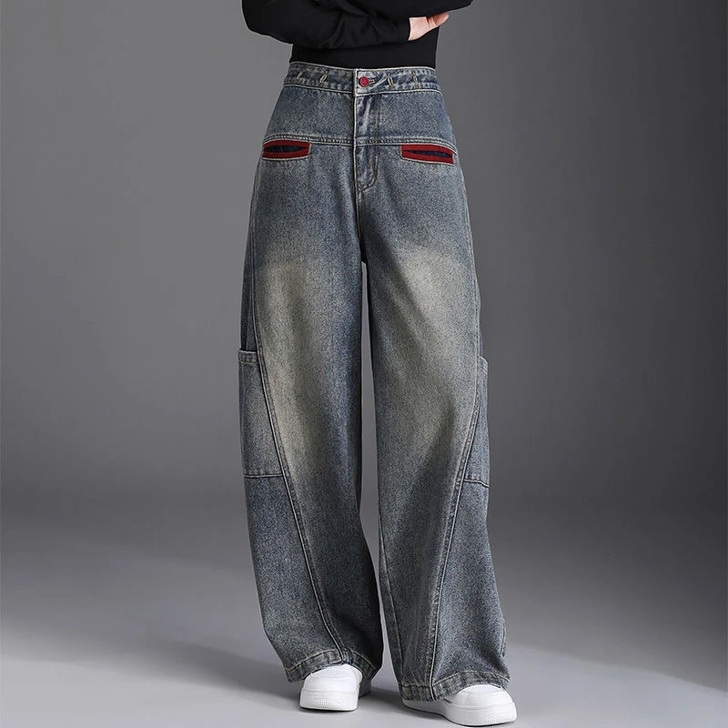 复古蓝牛仔裤女高腰宽松阔腿裤2025春秋新款显瘦拼接美式百搭裤子