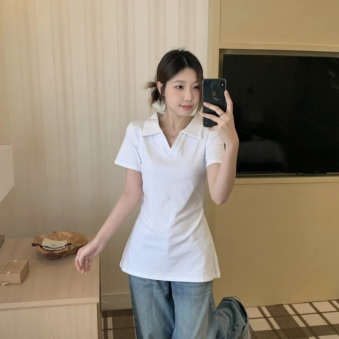设计感纯欲风辣妹polo领大码胖mm夏季短袖T恤褶皱显瘦遮肚子上衣