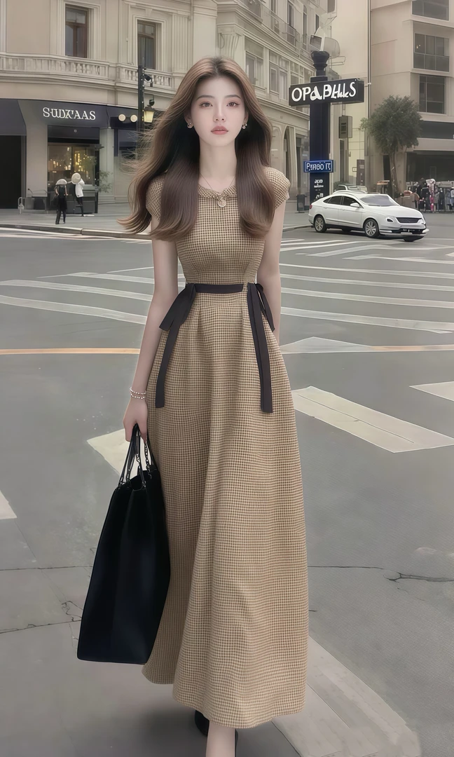 2025夏季新款卡其色格子圆领收腰短袖连衣裙小众时尚气质显瘦长裙