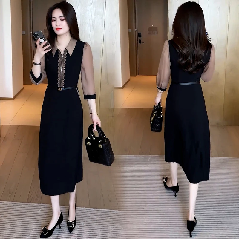 时尚连衣裙女2025夏季新款气质减龄收腰显瘦拼接假两件中长款裙子