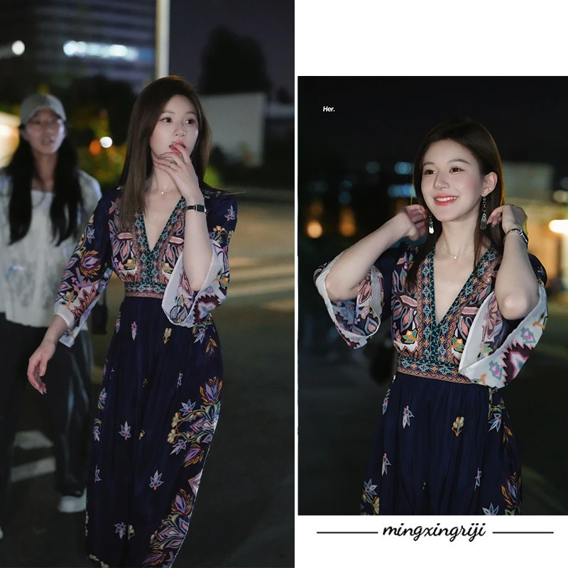 许我耀眼露思许妍同款复古V领印花连衣裙女波西米亚民族风裙子