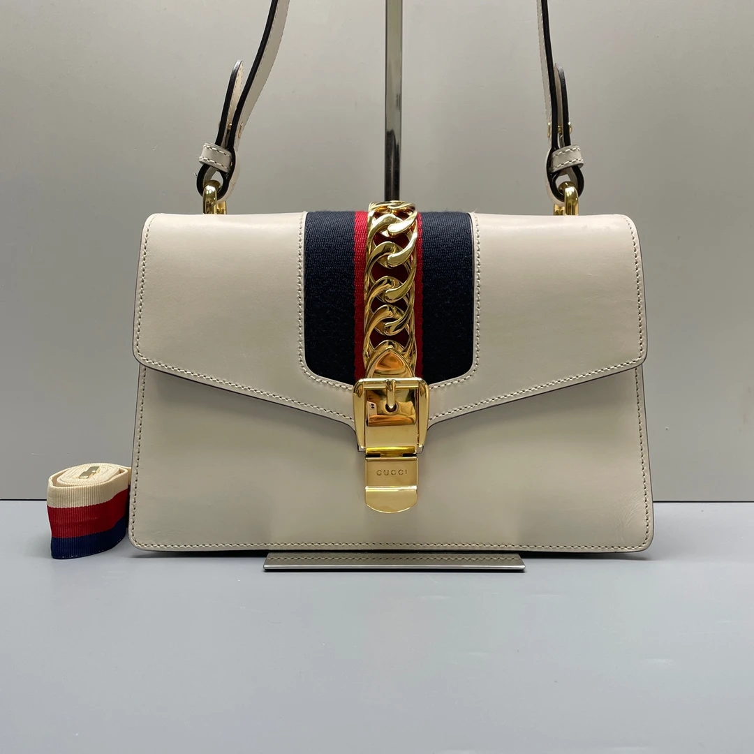 95新 GUCCI/古驰 优选/塞尔维亚中号白色单肩包黑标020/26×17×8