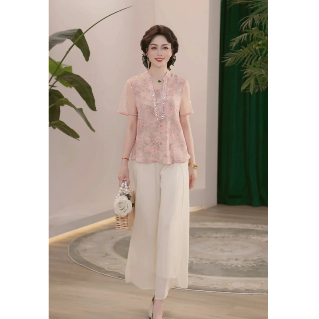 2025新款夏季妈妈装薄款时尚套装气质衬衣女装洋气减龄T恤两件套