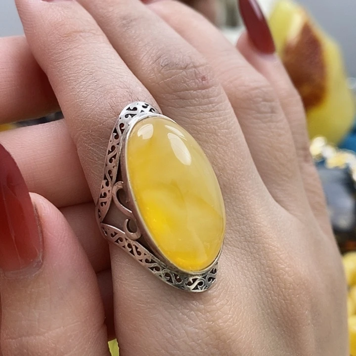 琥珀戒指银S925镶嵌戒指