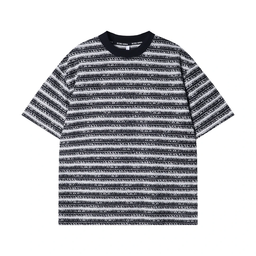 时尚个性韩版条纹撞色针织圆领短袖T恤气质韩系百搭上衣2420