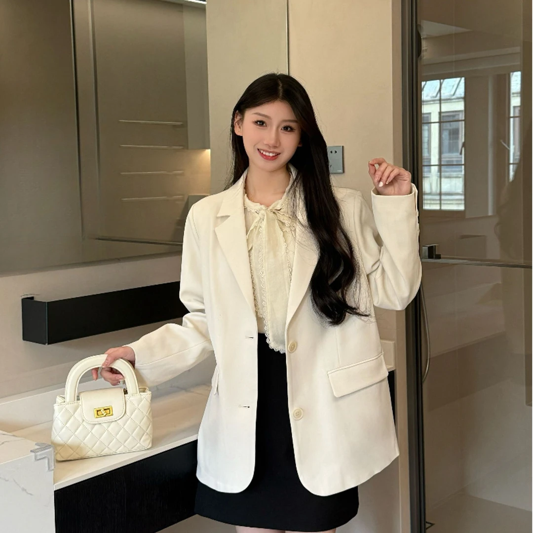 2025春秋新款显瘦小宽松廓形感通勤休闲米白色西装外套韩版百搭
