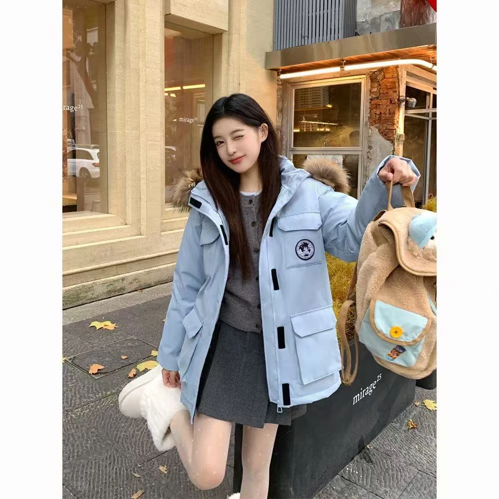 小朵绒羽绒服女小个子2024新款派克服中长款加厚宽松情侣外套冬季