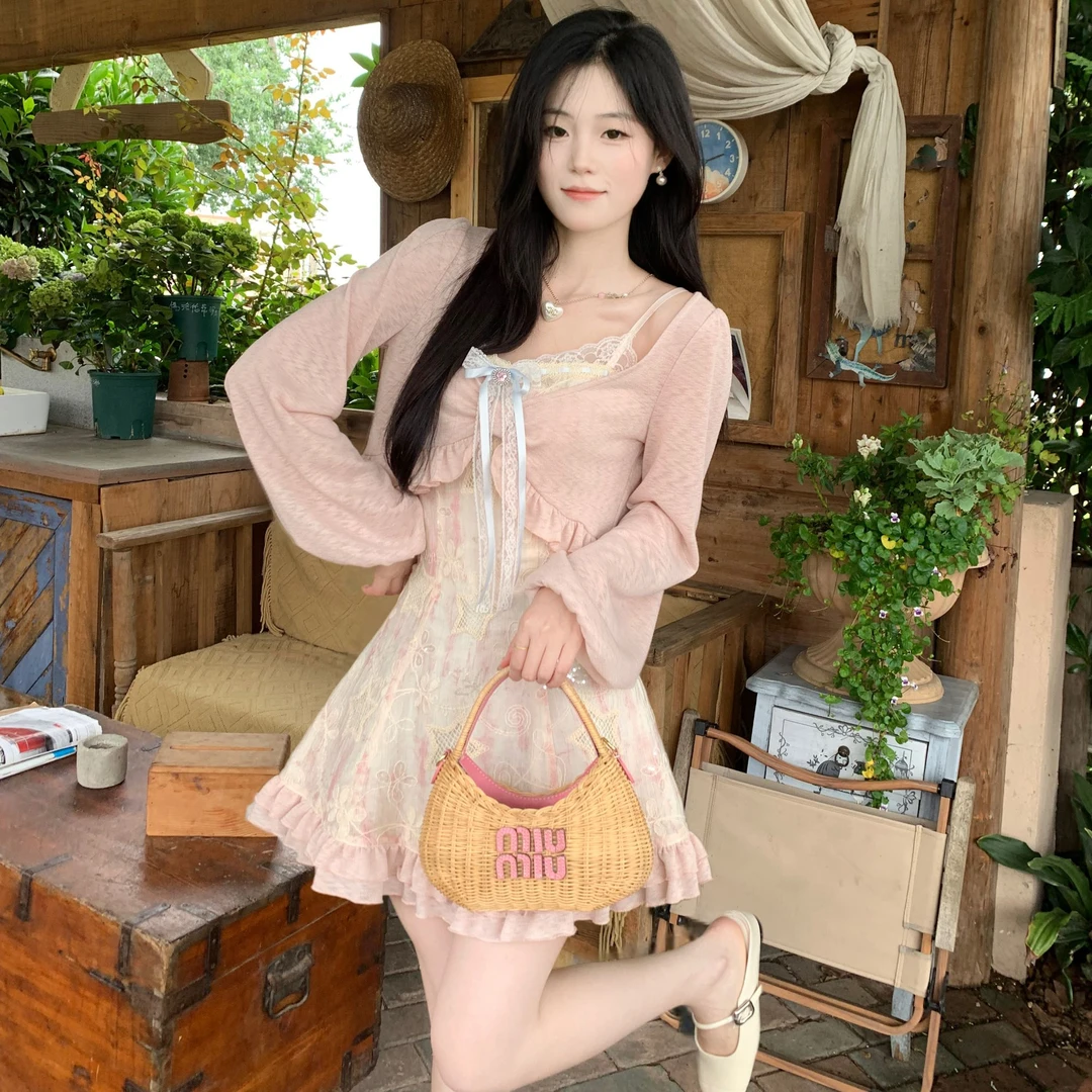 Blovelan星星奶泡 小清新少女感仙气百搭气质淡粉色开衫