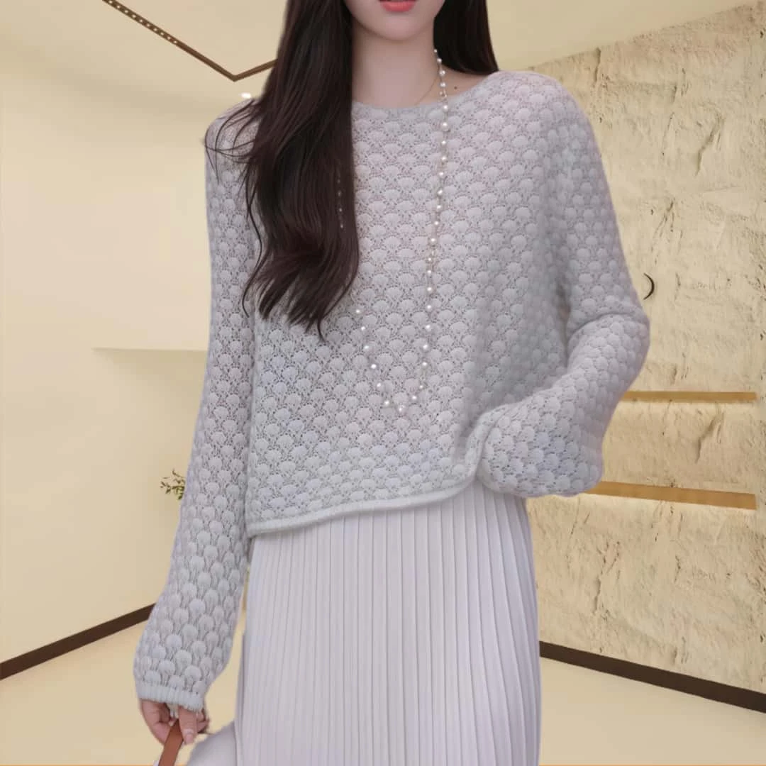 早秋气质圆领镂空针织衫2025新款时尚百搭洋气珠绣薄款长袖上衣