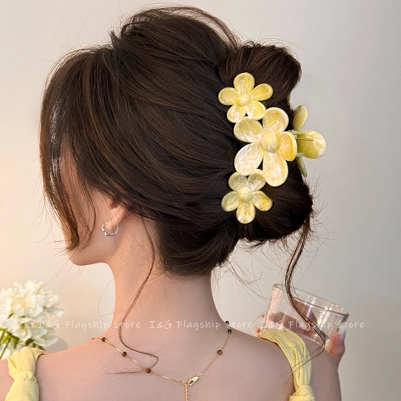I&G韩系奶黄色花朵抓夹女高级感2025新款鲨鱼夹高马尾盘发夹发饰