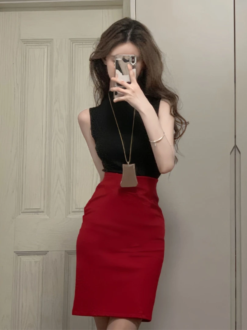 一整套ootd穿搭性感辣妹套装成熟御姐黑色上衣包臀半身裙两件套裙