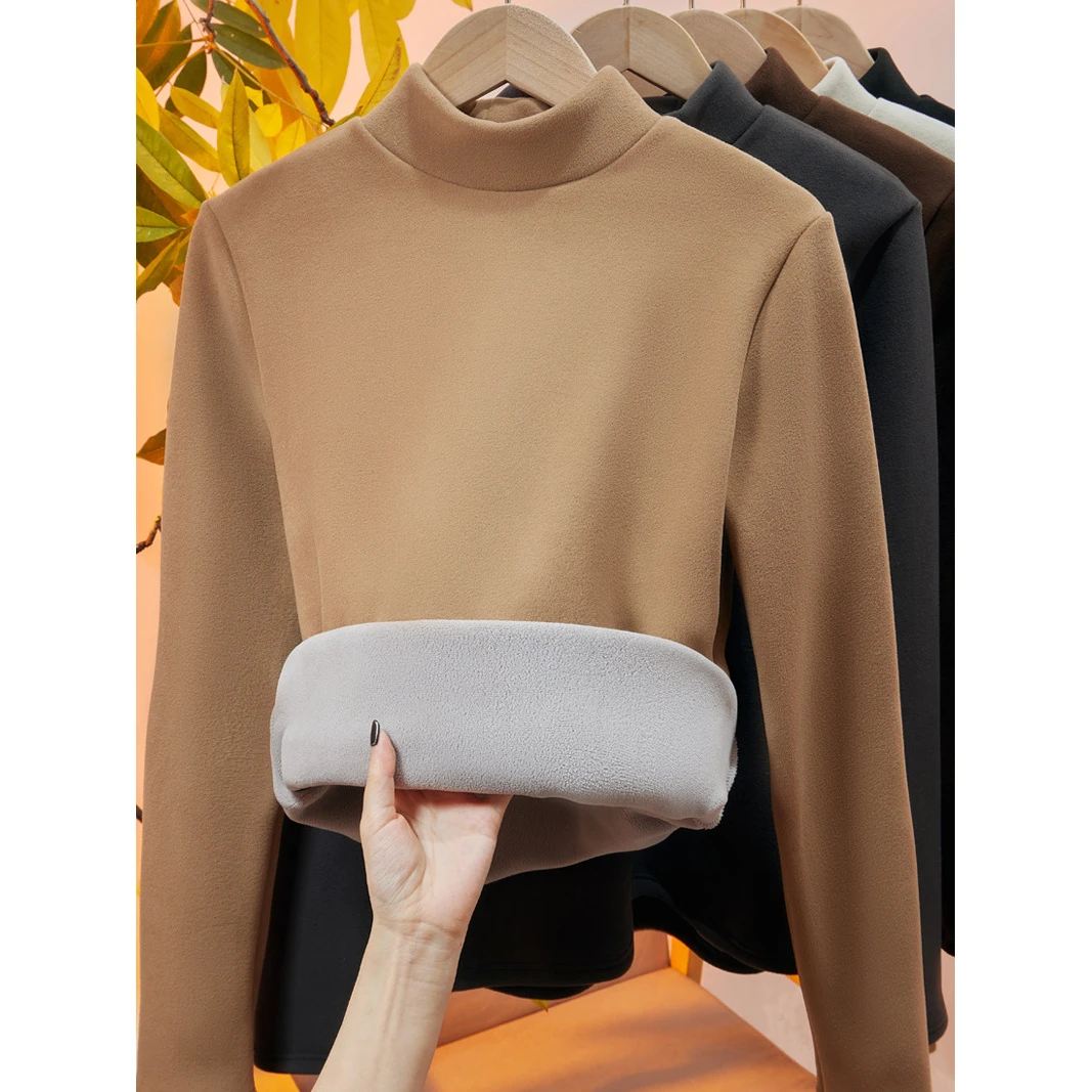 冬季加绒加厚德绒保暖半高领打底衫女内搭修身中领长袖高级感上衣