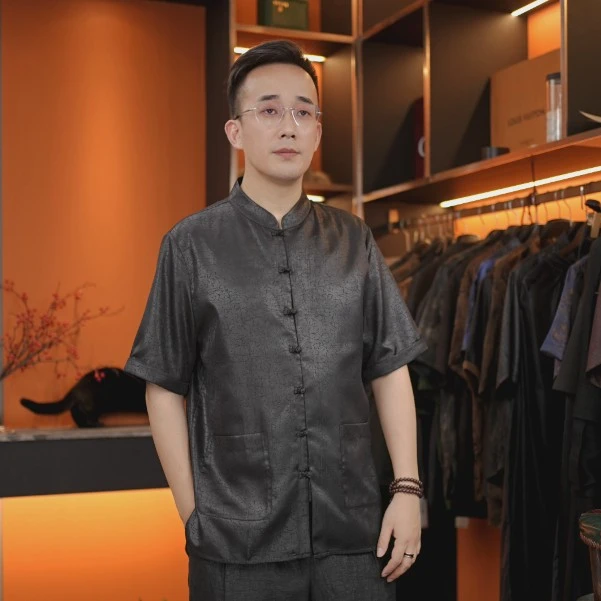 龟裂纹老料香云纱男装植物染色桑蚕丝中国风短袖唐装男装