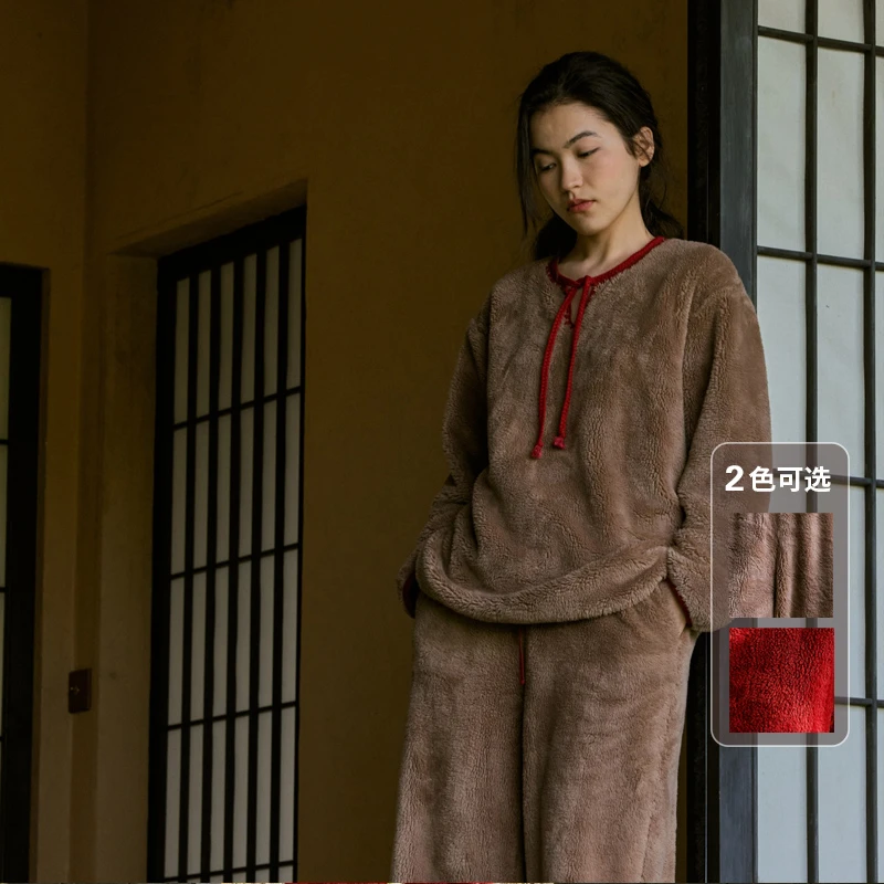 朵朵可可家居服女2025秋冬新款圆领加厚双面绒套头款保暖套装047