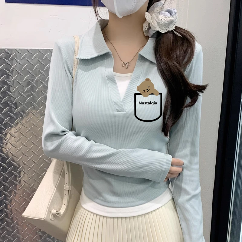 春秋季新款小众灰色正肩遮肉POLO衫长袖T恤女翻领上衣打底衫修身