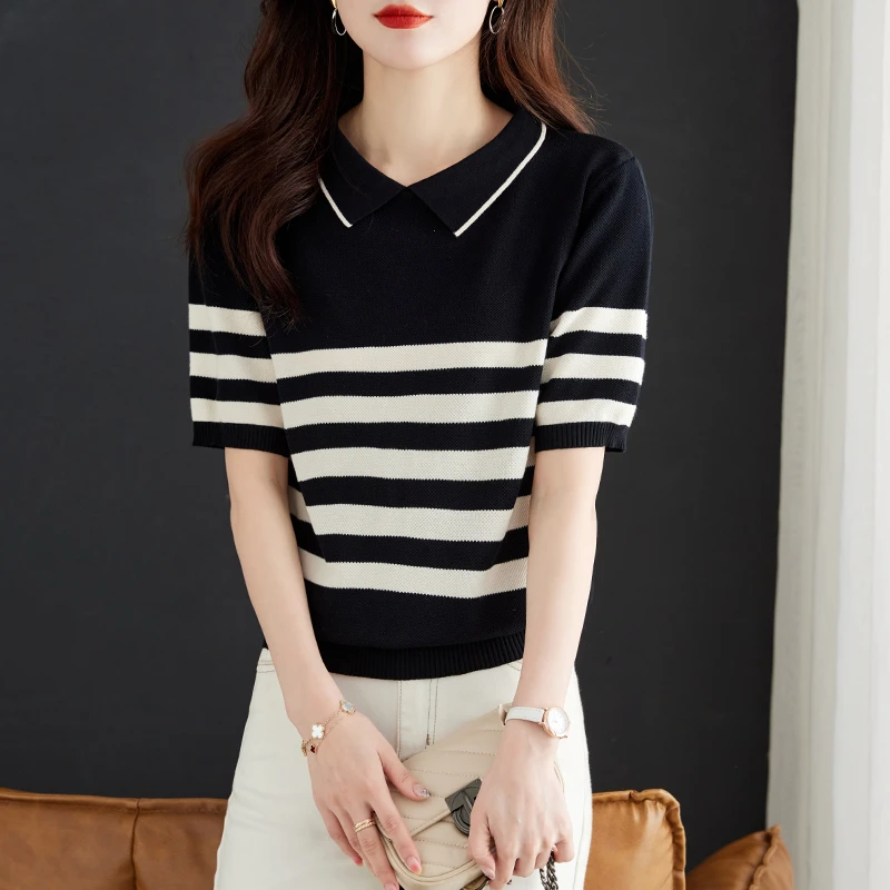 哥弟阿玛施正品短款针织简约条纹显瘦T恤夏季翻领套头显瘦短袖女