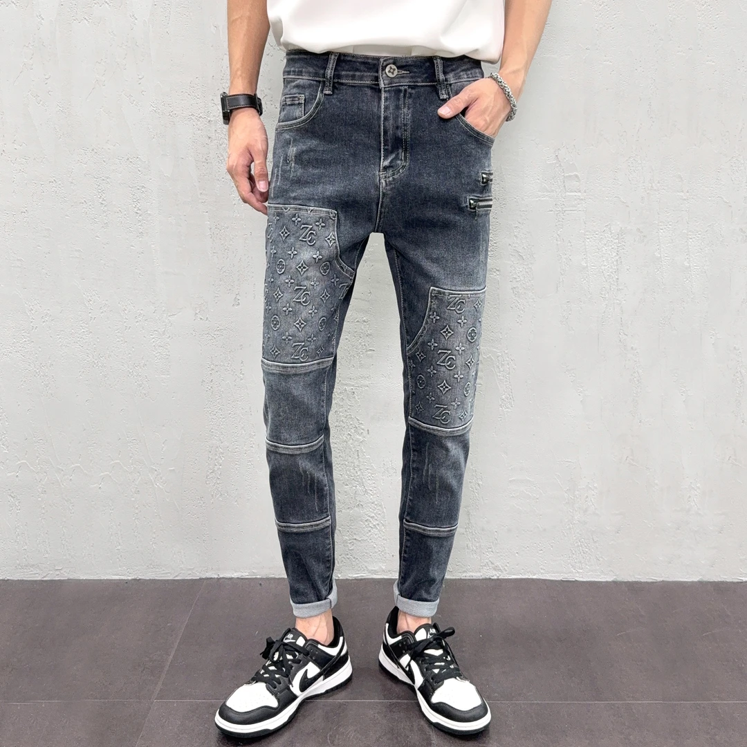 秋季男款长裤牛仔裤欧货高端拼接拉链复古水洗弹力男士修身小脚裤
