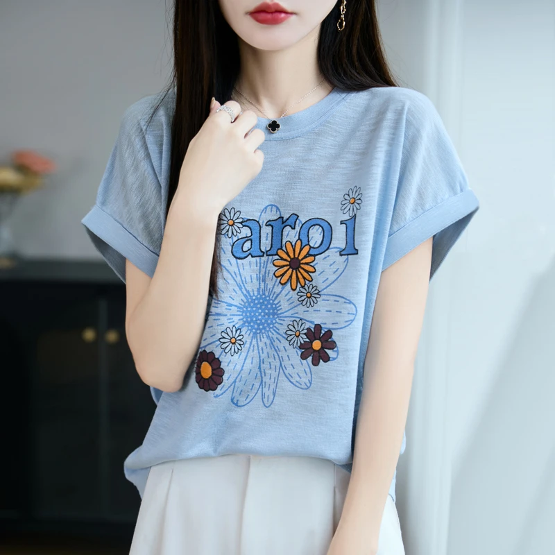 夏季新款竹节麻小雏菊针织纯色短袖洋气百搭凉爽透气宽松显瘦法式