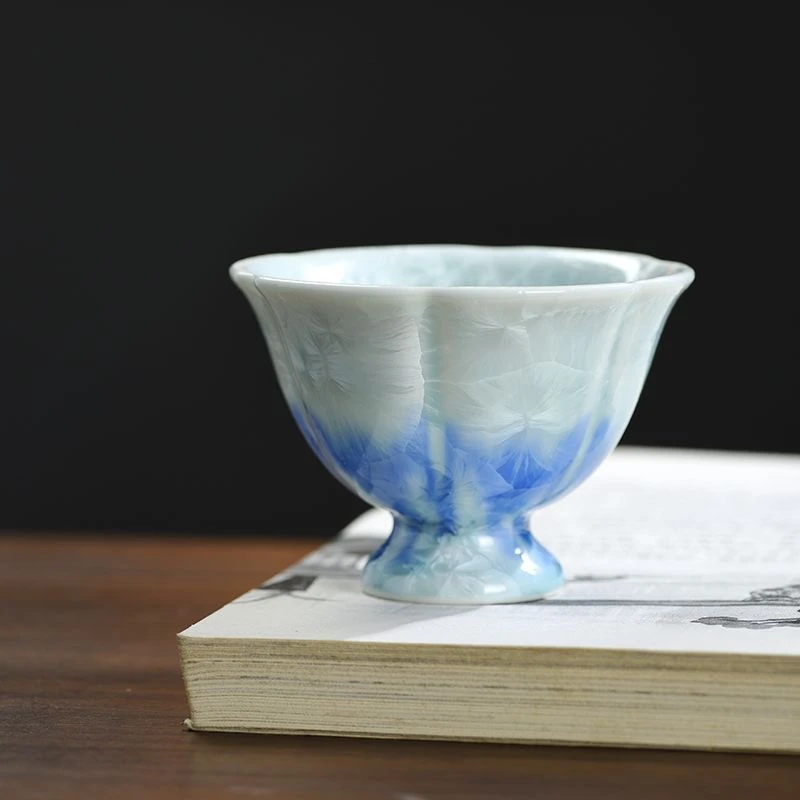 043结晶釉蓝高脚花口主人杯