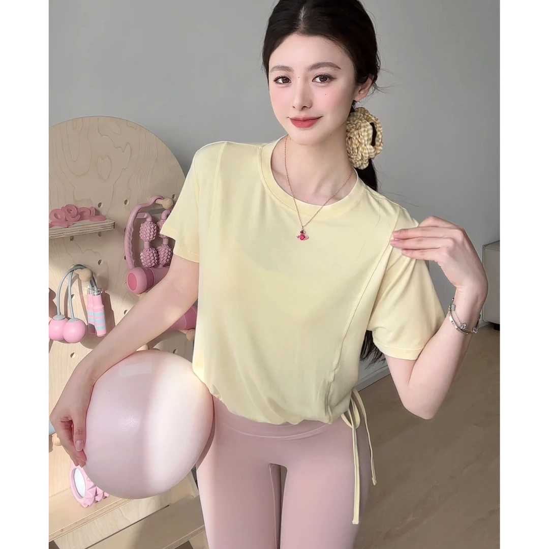运动上衣健身宽松休闲抽绳下摆圆领t恤柔软百搭瑜伽短袖