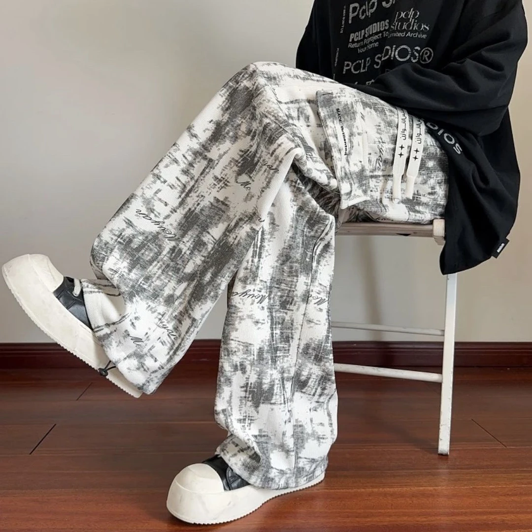 美式扎染工装长裤男潮流宽松阔腿百搭直筒休闲裤2025垂感运动裤子