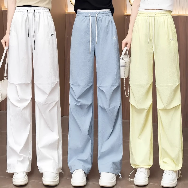 冰丝阔腿工装裤女2025夏季薄款新款松紧高腰宽松休闲空调速干裤子