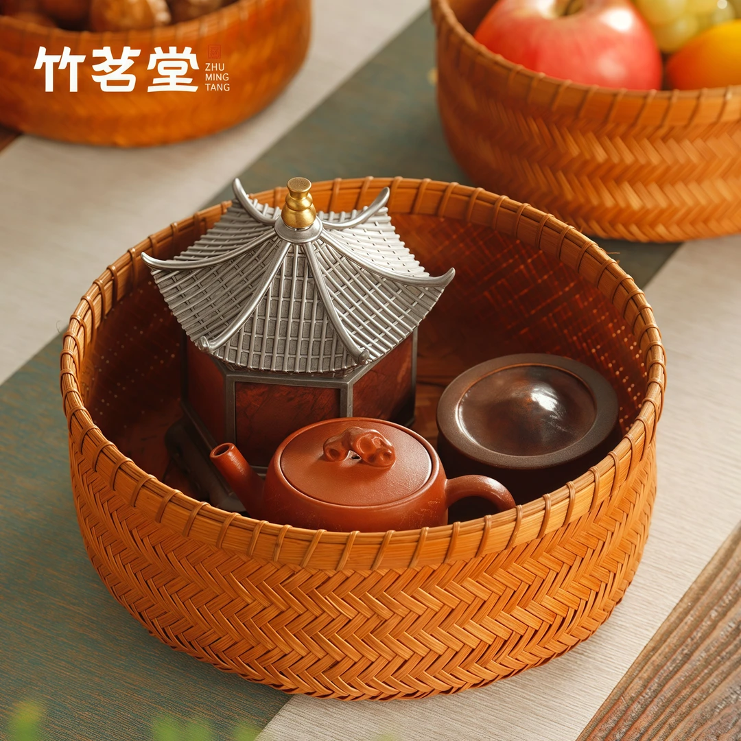 手工大漆竹编茶具收纳盒收纳筐茶桌茶杯盖碗茶壶茶具整理盒竹编篮