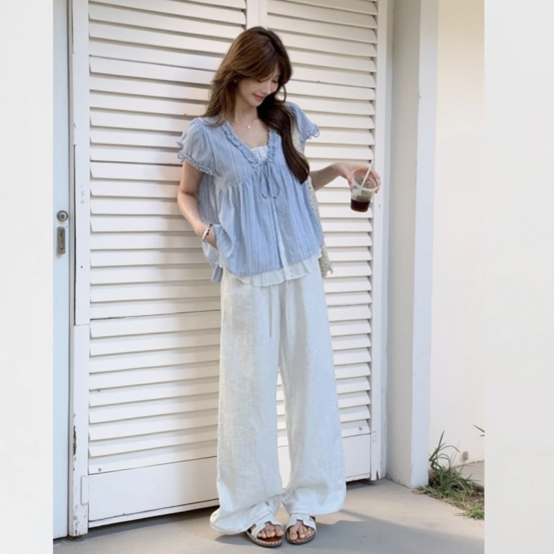 夏季2025新款小个子孕妇蕾丝拼接甜美减龄娃娃衫上衣阔腿裤两件套