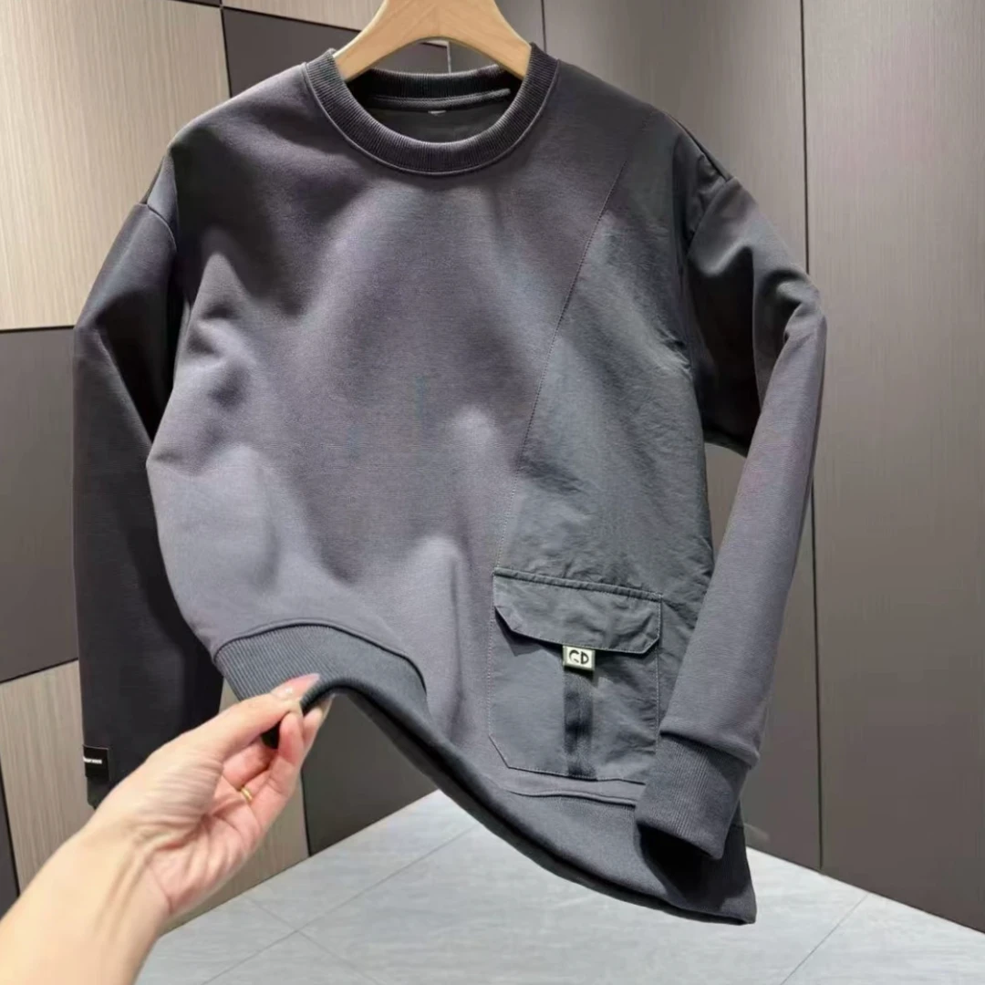 简约时尚卫衣拼接潮流新款青年男士休闲宽松加绒加厚圆领套头港风