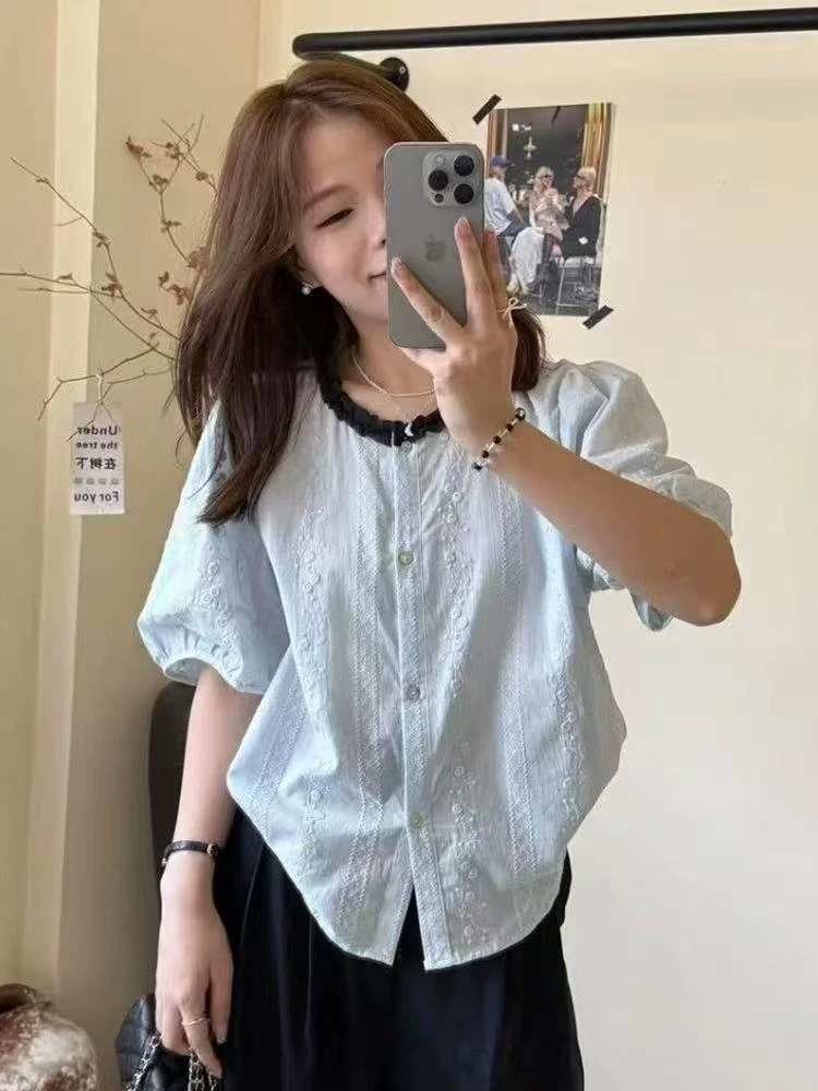 季念【现货】高级感重工钩花刺绣短袖衬衫女木耳边撞色领洋气夏季