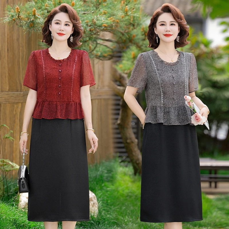 套头中袖圆领休闲大码连衣裙收腰高贵洋气气质常规夏季中长款新款