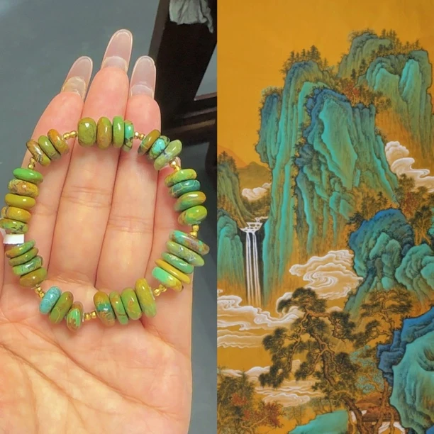 163（娇丰绿松石）天然原矿千里江山搭配绿松石单圈手串