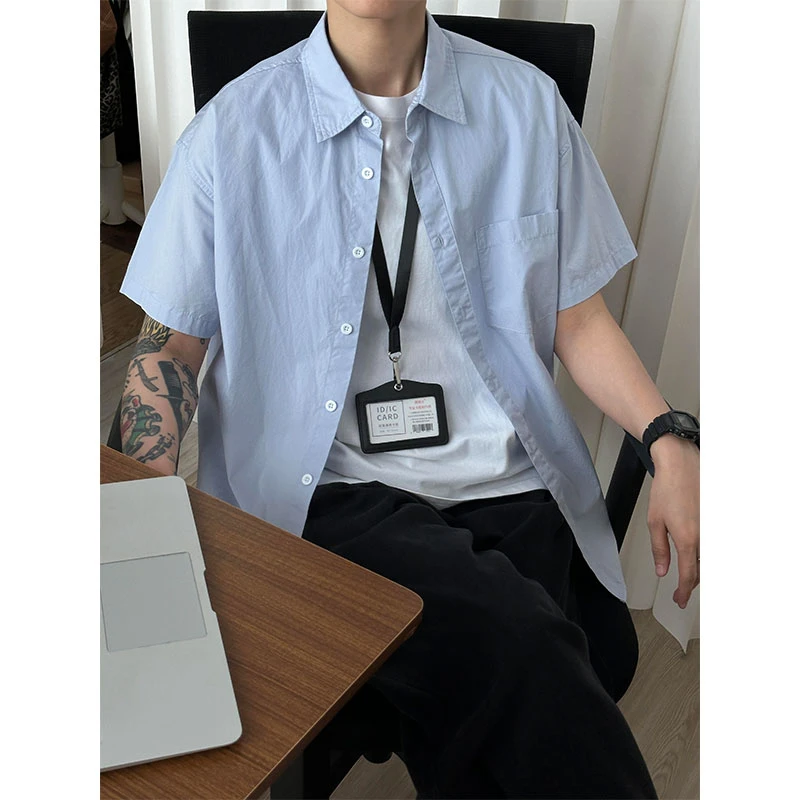 浅蓝色短袖衬衫男款夏季盐系少年感穿搭日系cityboy翻领工装衬衣