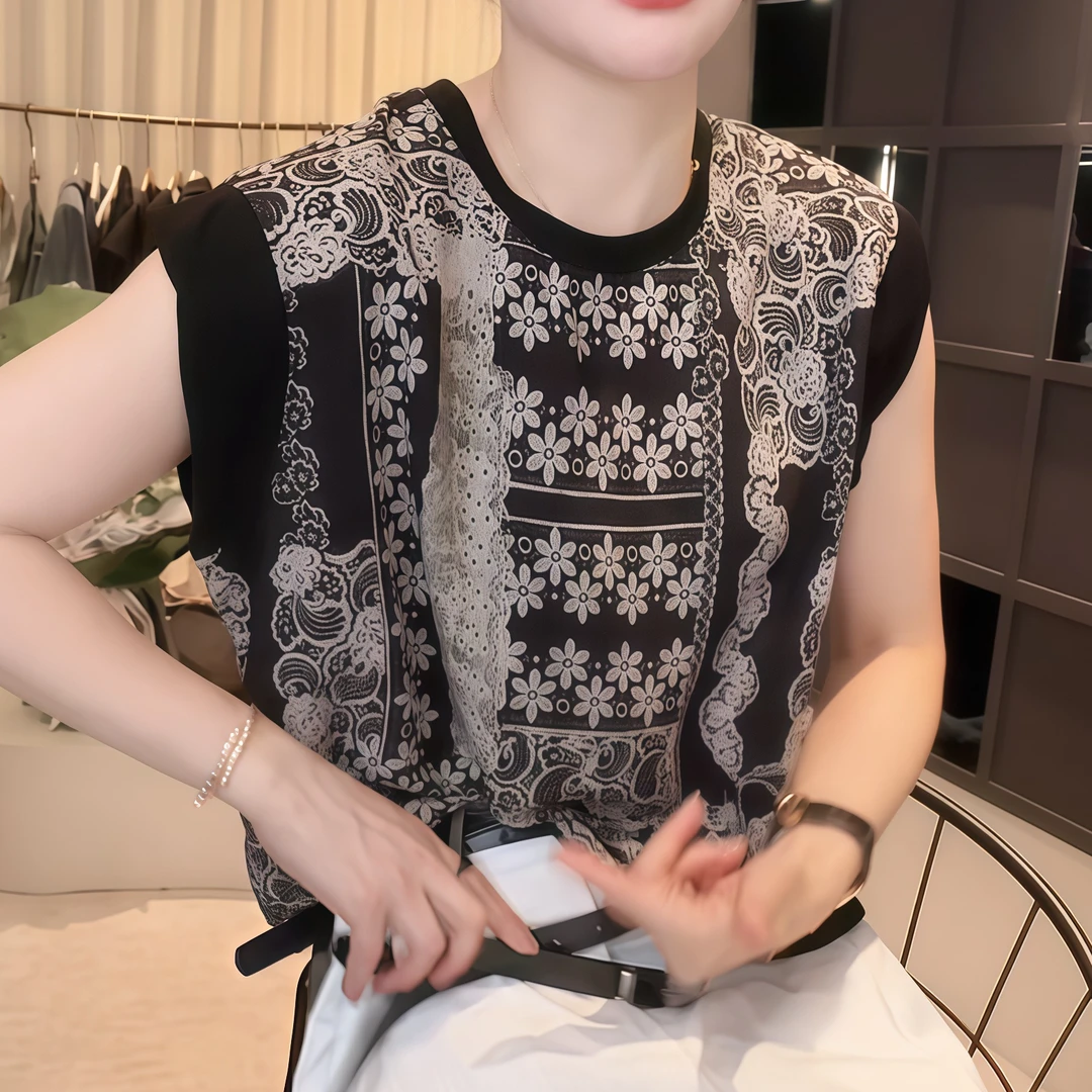 夏季圆领设计感时尚百搭显瘦短袖无袖韩版宽松潮流个性印花上衣潮