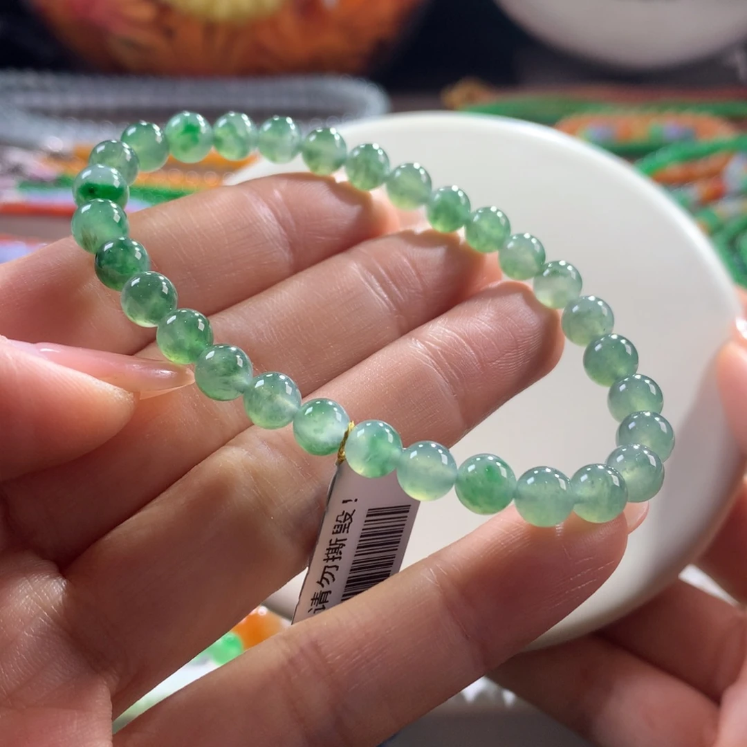 翡翠未镶嵌手链冰飘海草绿卡6