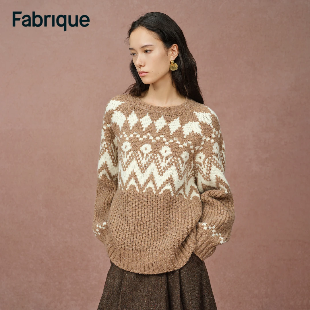 Fabrique Vigga秋冬新品奶油曲奇绵羊毛粗棒针费尔岛圆领针织毛衣