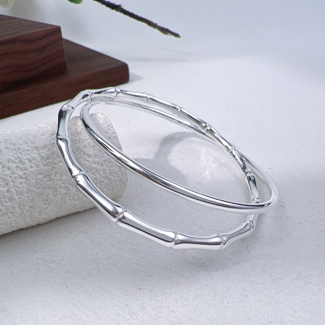 足银手镯 999.9竹节素圈节节高升经典实心纯银手镯女时尚双环镯子