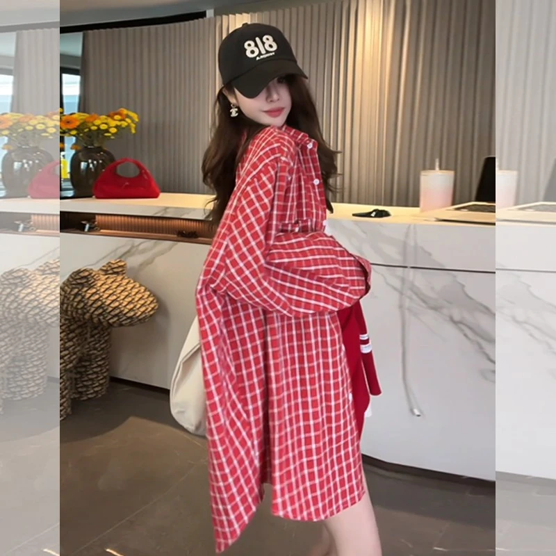 覆古红色格子衬衫防晒衣外套女薄款夏季宽松开衫独特漂亮长袖上衣
