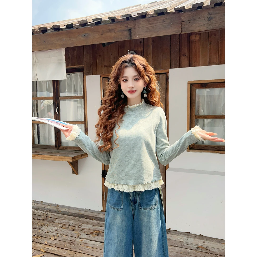 温舒敏【竹声入画】港风复古加绒蕾丝百搭休闲针织打底衫MR3882187