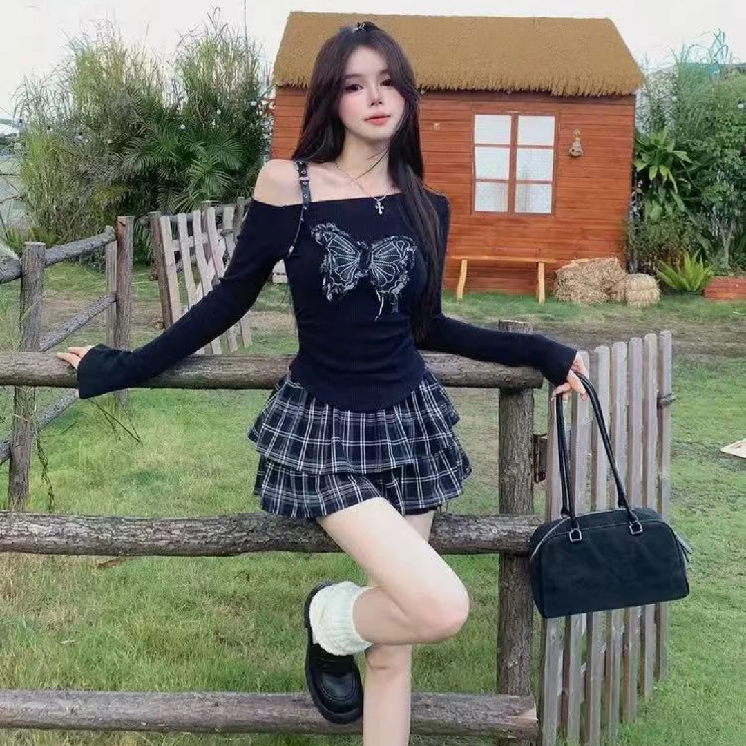 纯欲辣妹露肩上衣半身裙套装女设计感小众修身长袖格子短裙子秋季