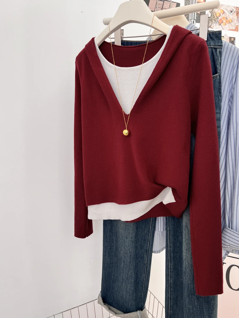 假两件安可拉红连帽针织衫女秋季新款韩系设计感时尚百搭长袖上衣