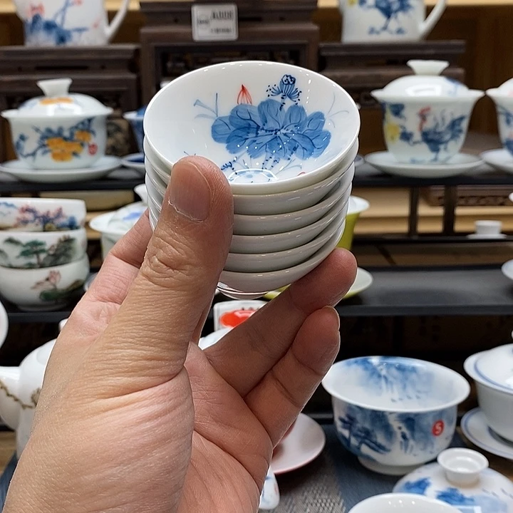 手绘微瑕荷花杯子6个装