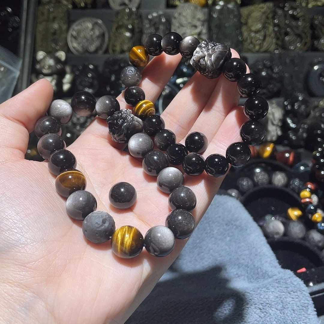 黑曜岩手链未镶嵌惗*黑曜石搭配黄虎眼和陨石diy