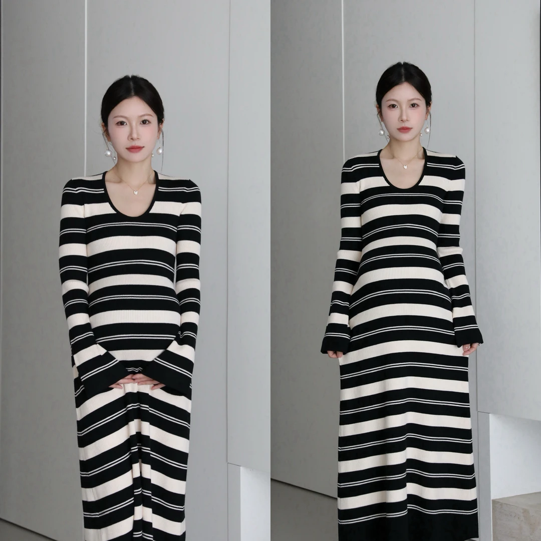 senenmu 【U领条纹长裙】新款显瘦气质条纹针织连衣裙长裙孕妇可穿