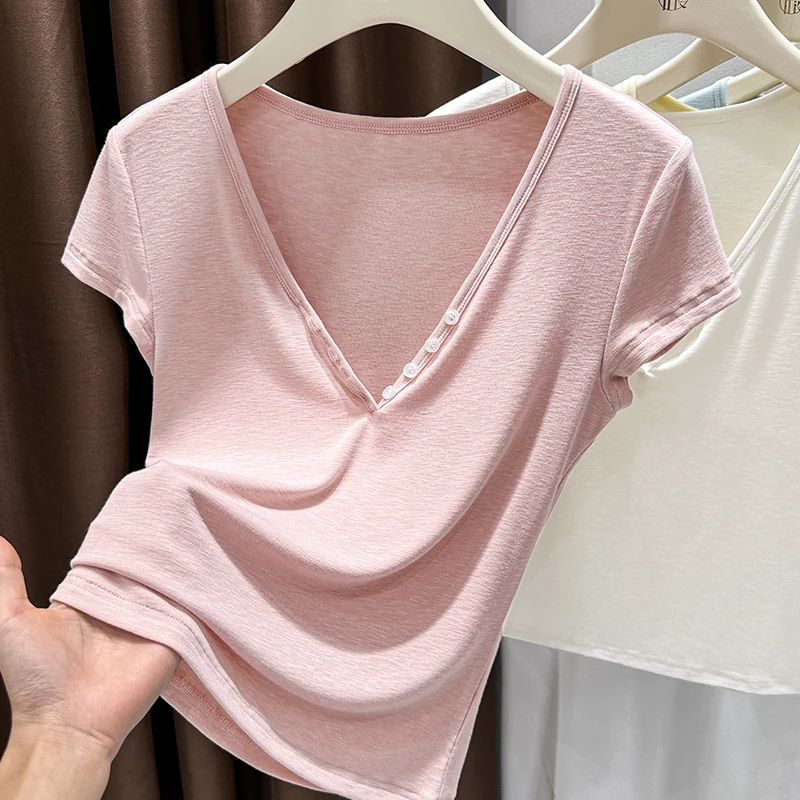 粉色深V领露锁骨性感上衣薄款短袖t恤女夏季纯色基础款百搭针织衫