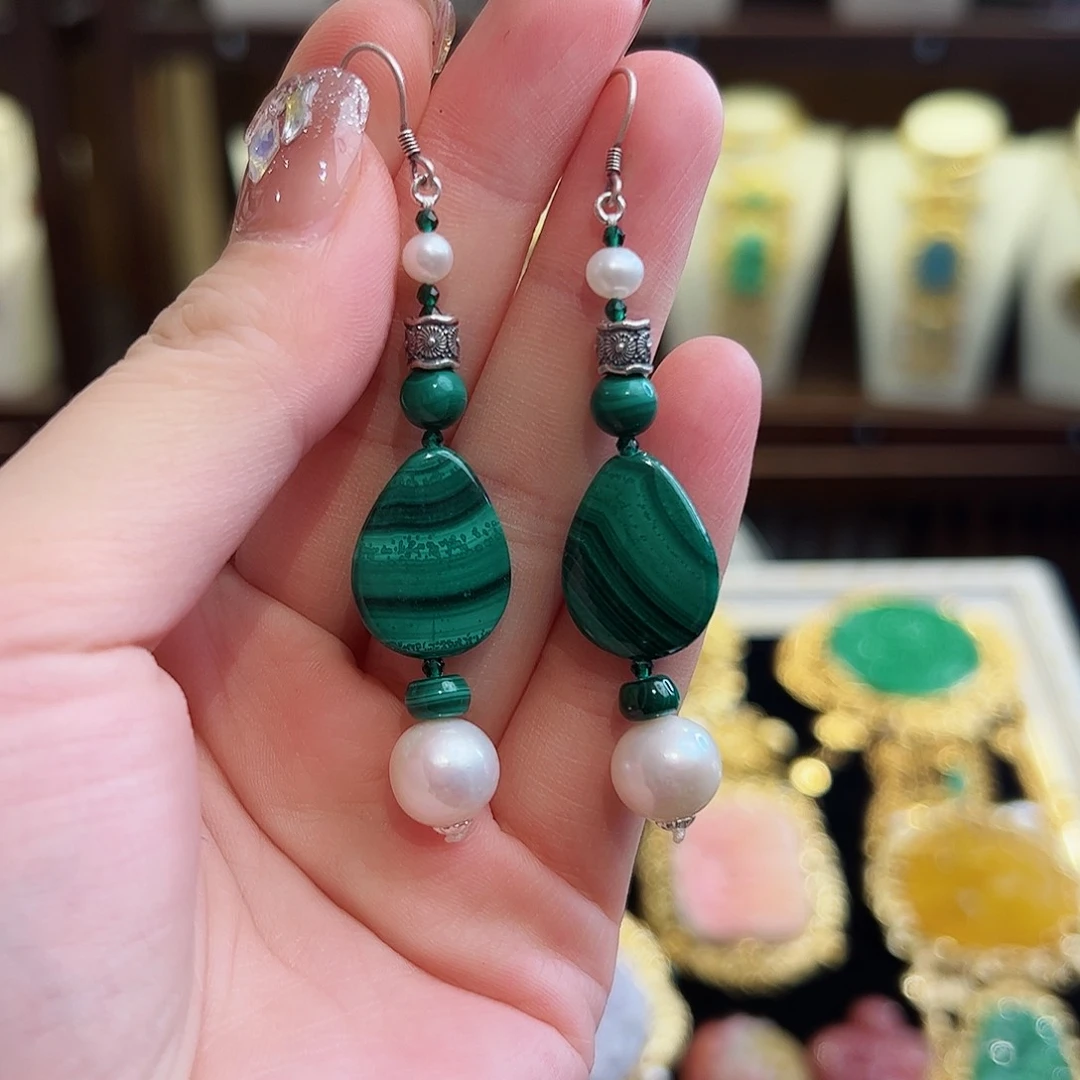 孔雀石耳坠未镶嵌耳环