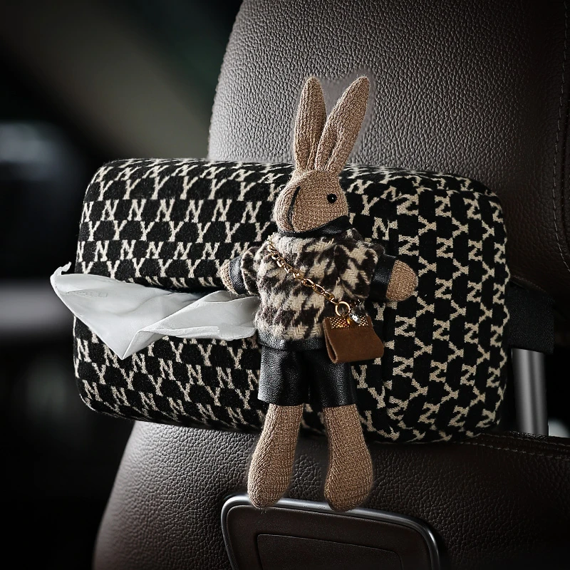 高级感千鸟格车载纸巾盒女汽车椅背扶手箱抽纸盒车内装饰用品大全