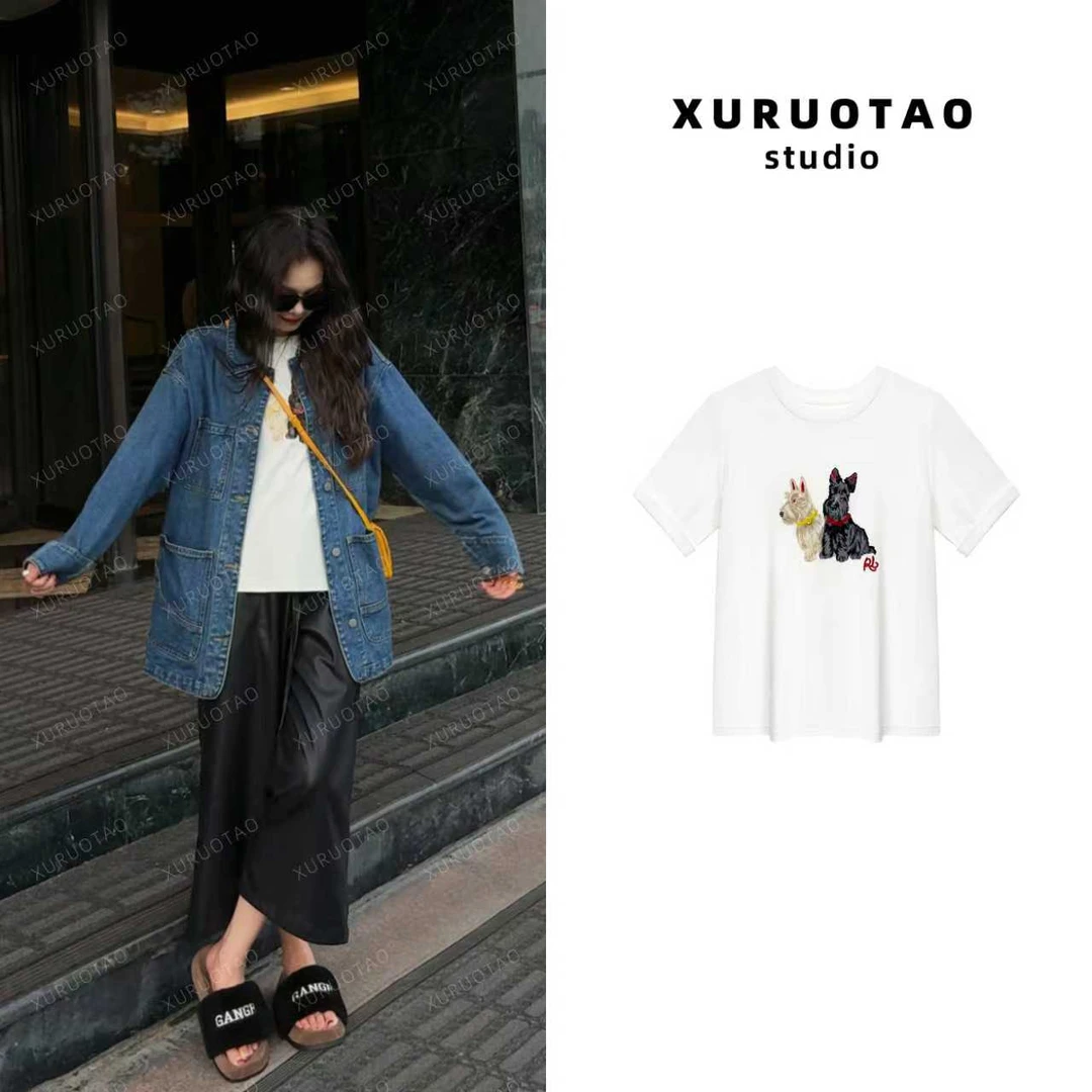 XURUOTAO 【雪纳瑞t】小狗图案设计感季舒适白色T恤上衣 T5225