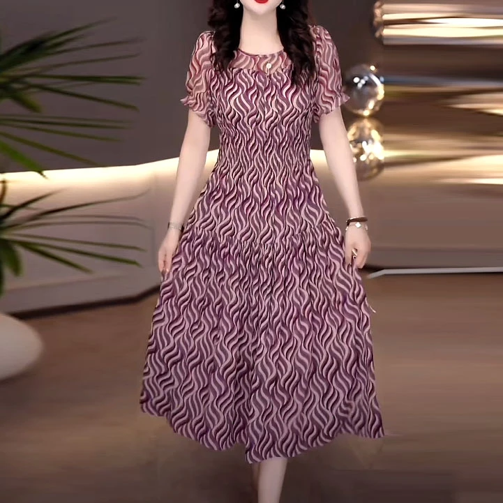 芙蓉丝时尚洋气遮肉连衣裙2025夏季新款修身显瘦中长款松紧腰裙子