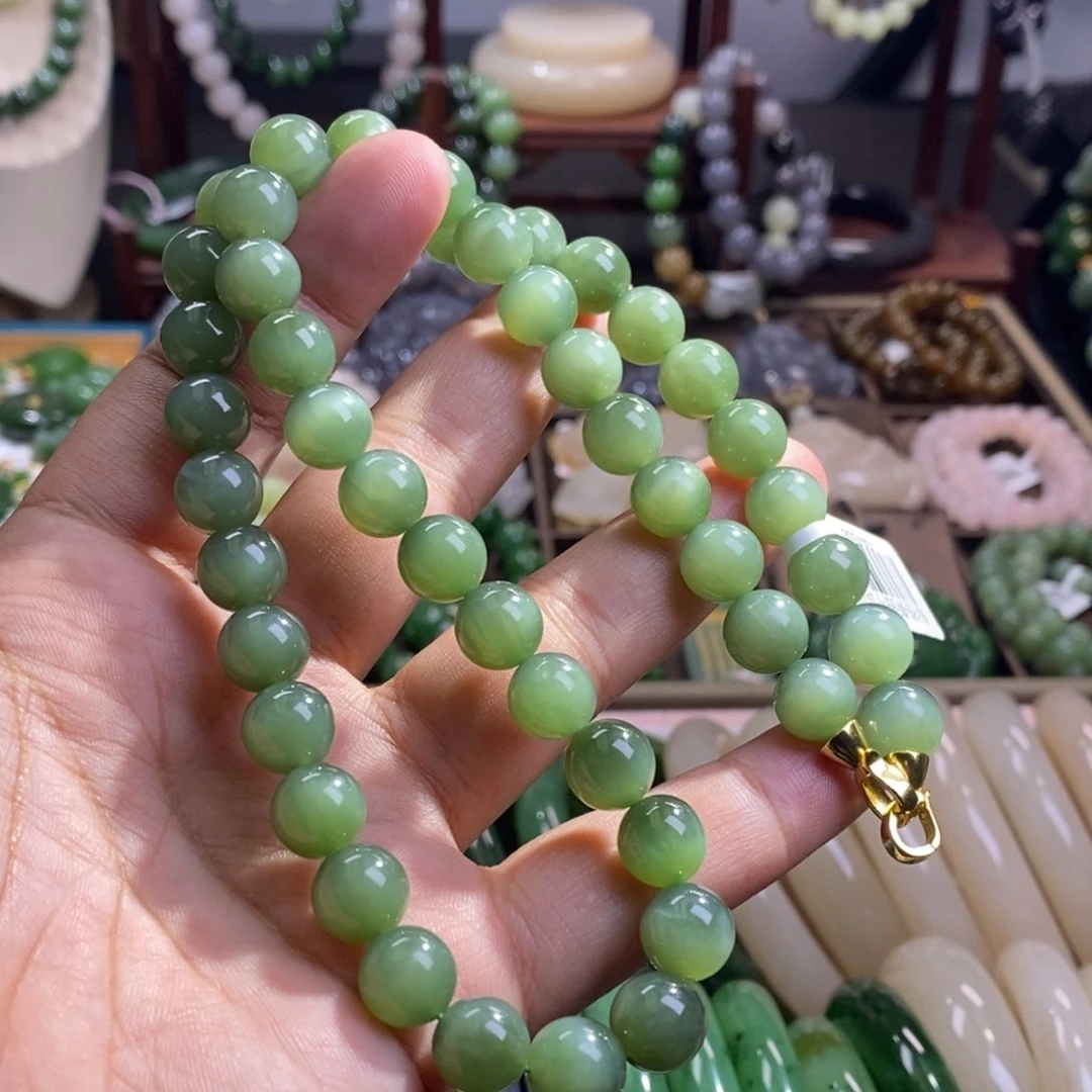 和田玉收藏级碧玉高冰老矿料猫眼圆珠项链10m未镶嵌